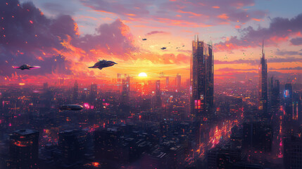 Fototapeta premium Futuristic City Skyline at Sunset with Neon Lights and Flying Vehicles