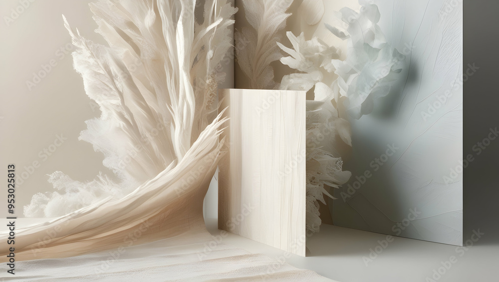 Poster feathery whispers: pampas grass and delicate fabrics intertwine, creating an ethereal and textured b