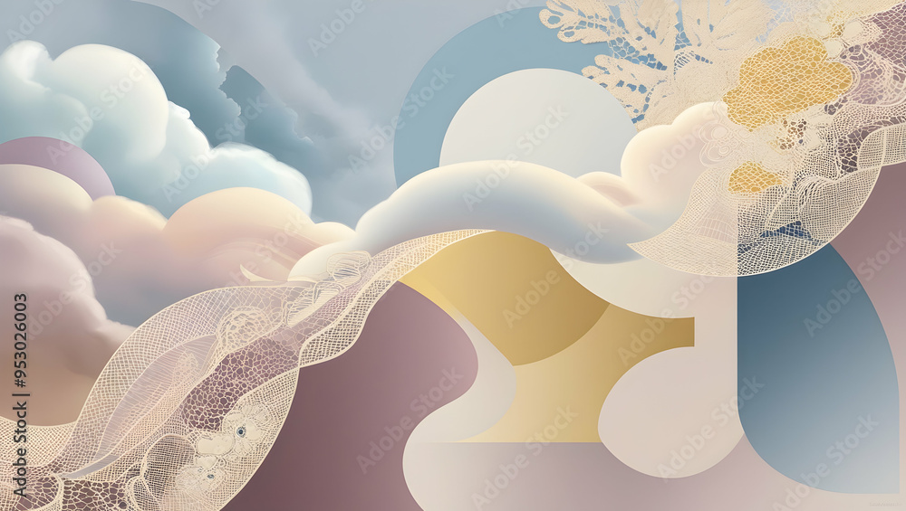Poster dreamy abstract cloudscape: a whimsical blend of pastel hues, ethereal clouds, and playful shapes fo
