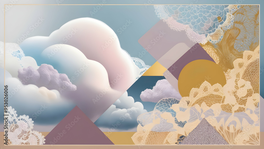 Poster dreamy abstract cloudscape: a whimsical blend of pastel hues, ethereal clouds, and playful shapes fo