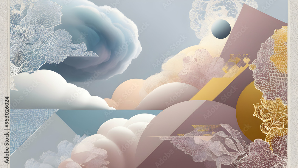 Poster dreamy abstract cloudscape: a whimsical blend of pastel hues, ethereal clouds, and playful shapes fo