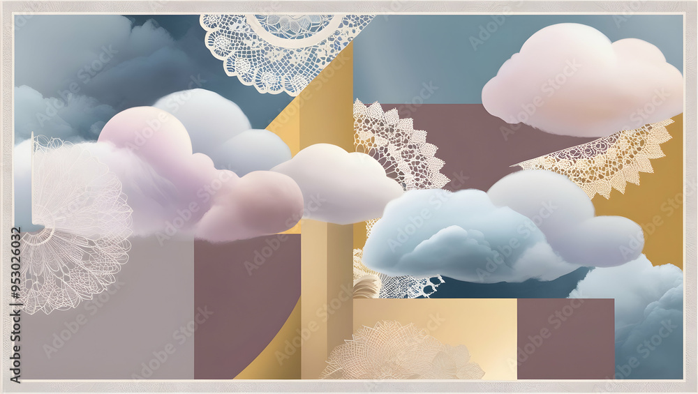 Poster dreamy abstract cloudscape: a whimsical blend of pastel hues, ethereal clouds, and playful shapes fo