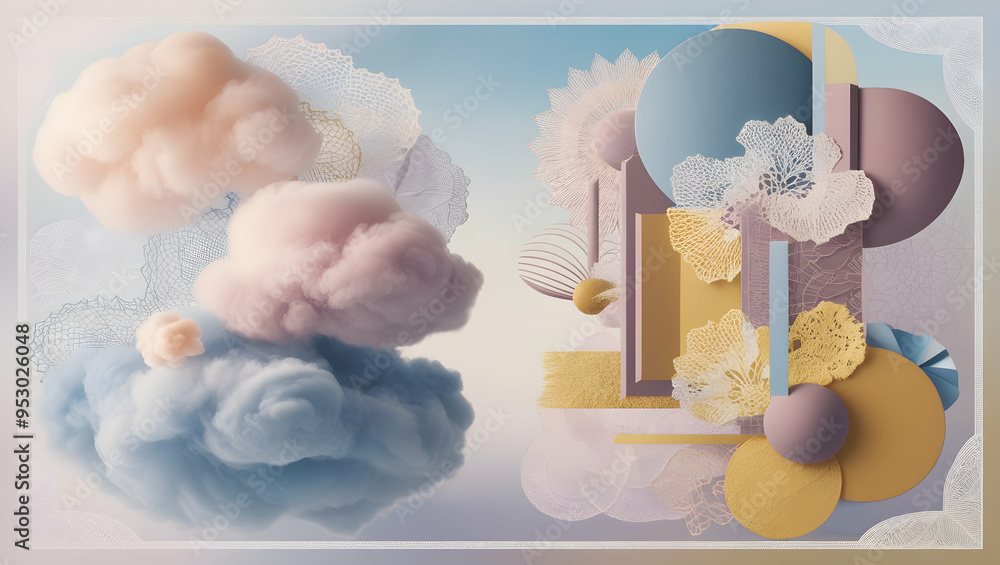 Poster dreamy abstract cloudscape: a whimsical blend of pastel hues, ethereal clouds, and playful shapes fo