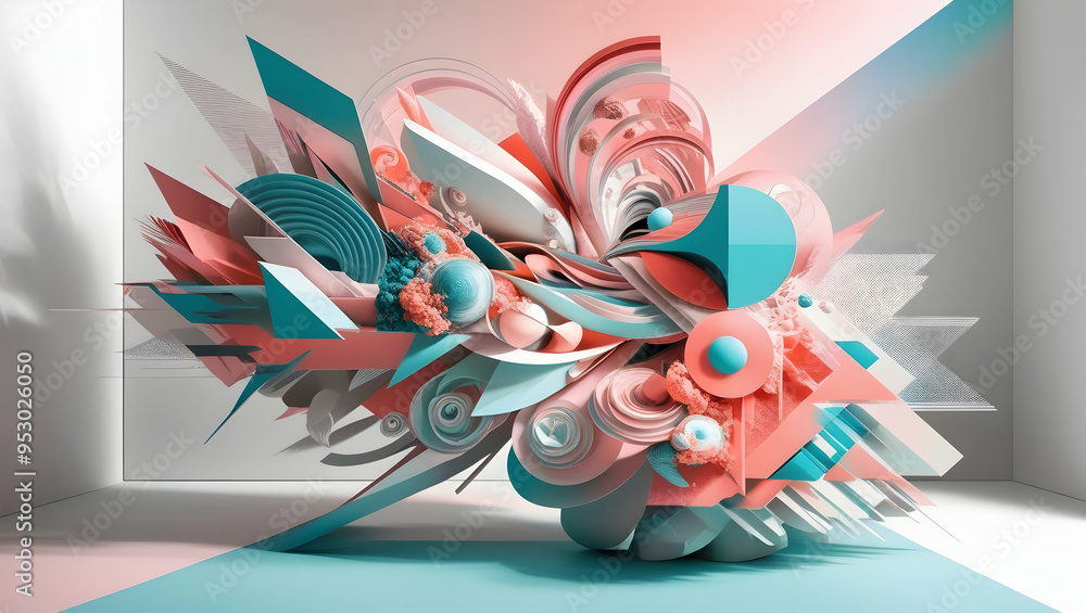 Poster abstract 3d geometric sculpture: a vibrant and dynamic composition of overlapping, geometric shapes 