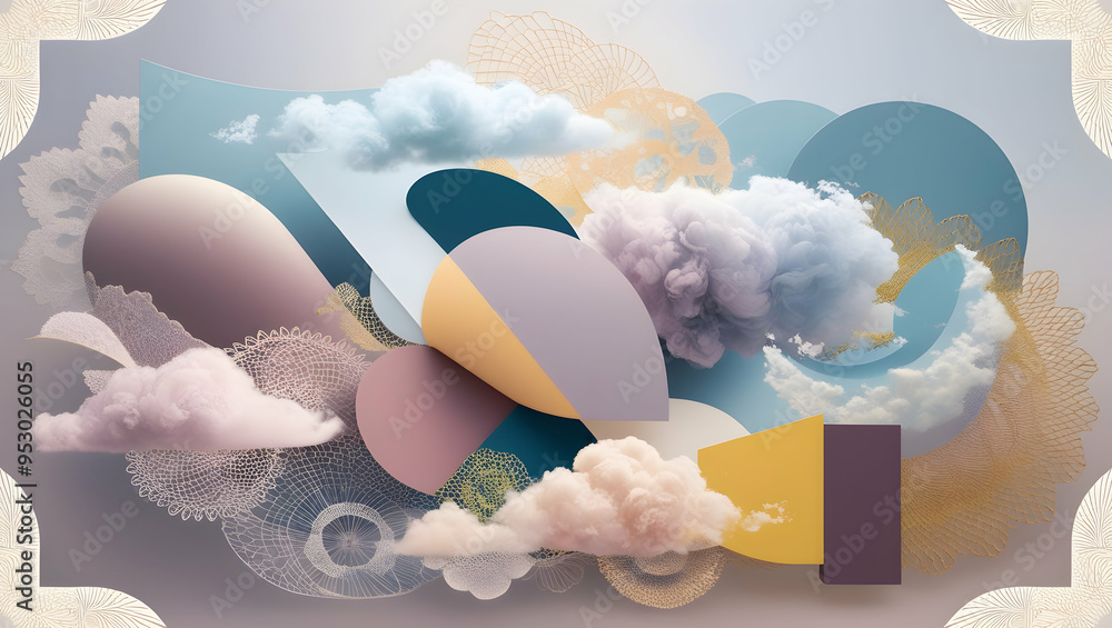 Poster dreamy abstract cloudscape: a whimsical blend of pastel hues, ethereal clouds, and playful shapes fo
