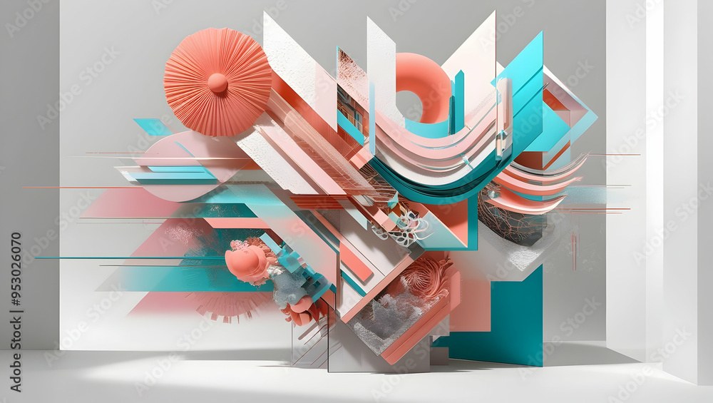 Poster abstract 3d geometric sculpture: a vibrant and dynamic composition of overlapping, geometric shapes 