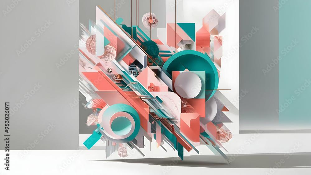 Poster abstract 3d geometric sculpture: a vibrant and dynamic composition of overlapping, geometric shapes 