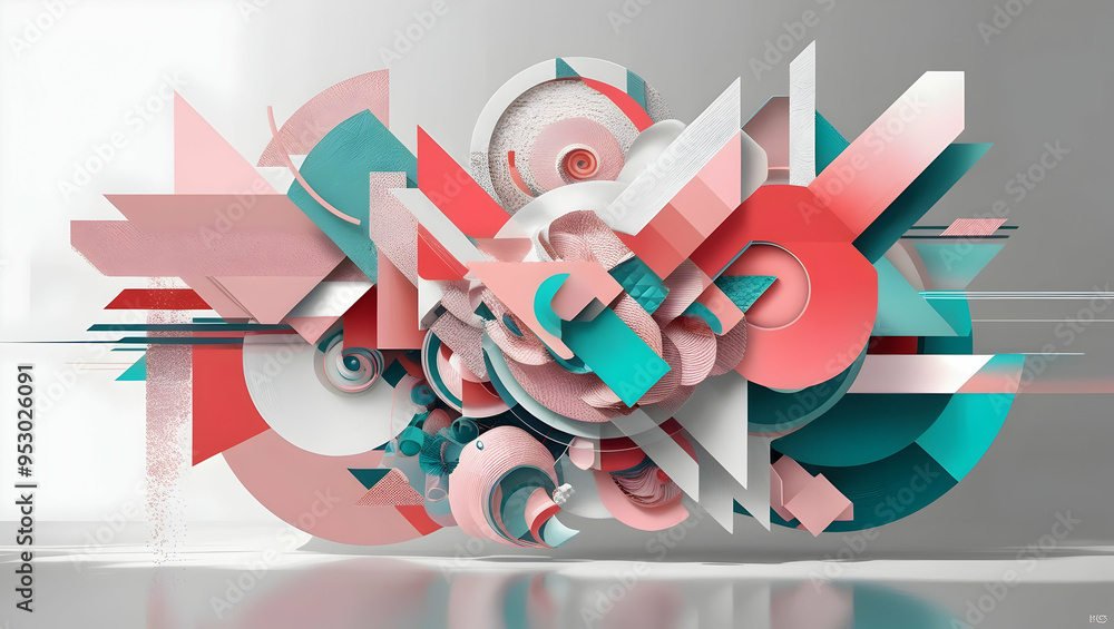 Poster abstract 3d geometric sculpture: a vibrant and dynamic composition of overlapping, geometric shapes 