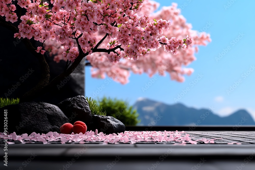 Poster peach blossom tree in a serene garden setting, illustrated in a scene where a single peach blossom t