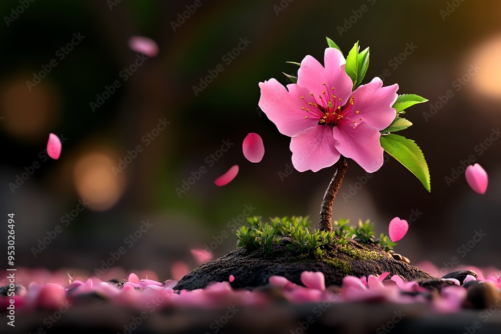 Aufkleber peach blossom tree in a serene garden setting, illustrated in a scene where a single peach blossom t