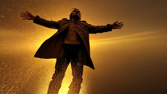 Halloween Figure Flying in Sky with Firer Sparks Against a Vivid Sunset Backdrop Generative AI