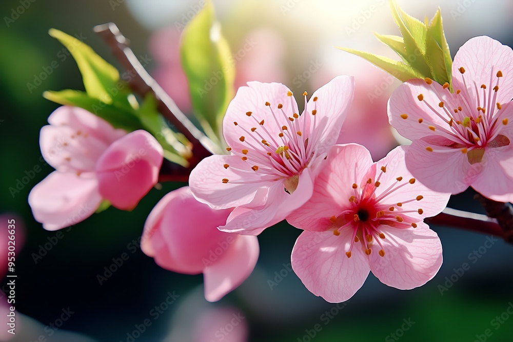 Poster peach blossom tree in full bloom with delicate pink petals, captured in a photo where the branches o