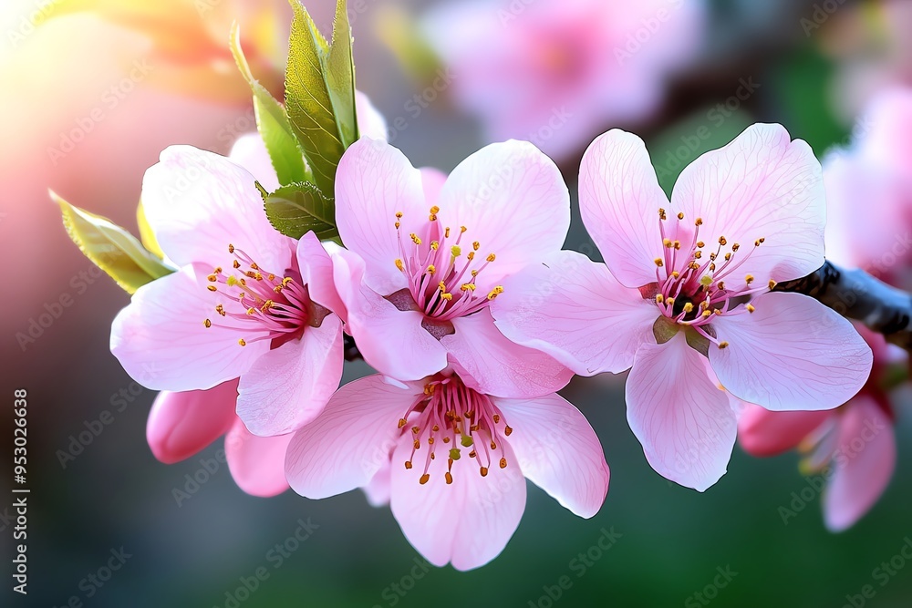 Aufkleber peach blossom tree in full bloom with delicate pink petals, captured in a photo where the branches o