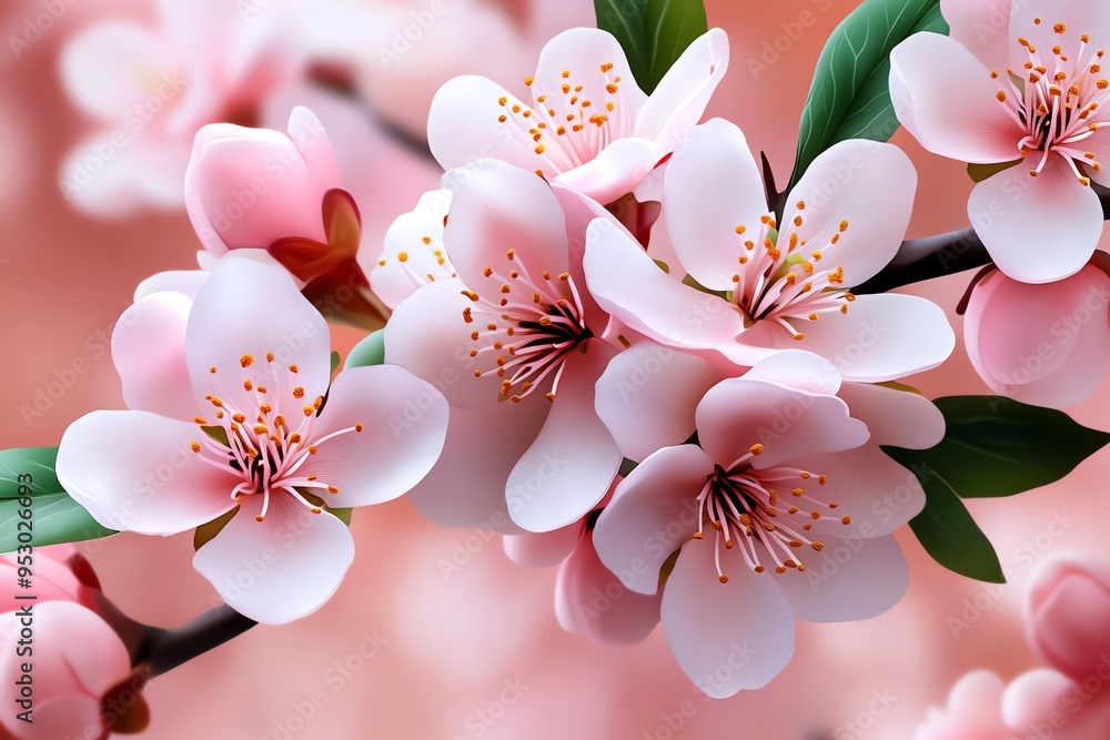 Aufkleber peach blossom watercolor painting with soft gradients and light tones, illustrated in a scene where 