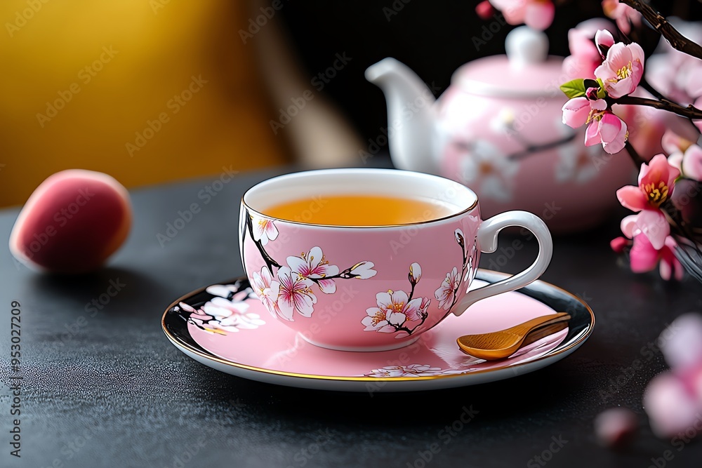 Poster peach blossom-themed tea set with delicate floral patterns, illustrated in a scene where a tea set f