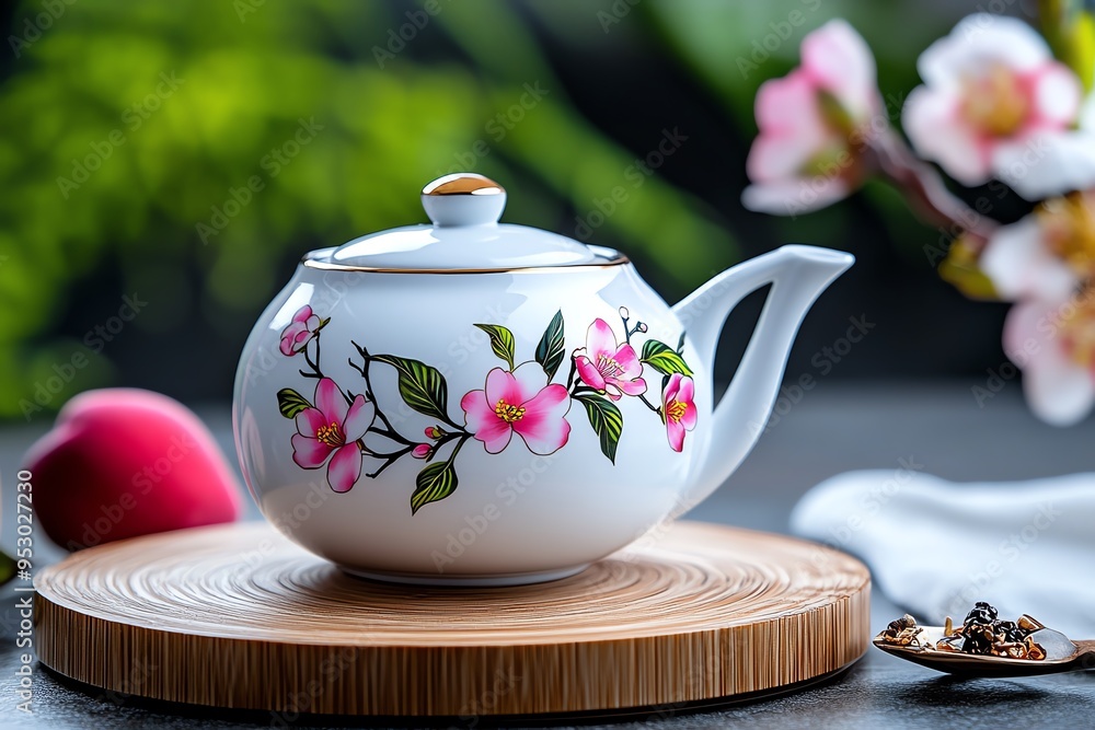 Poster peach blossom-themed tea set with delicate floral patterns, illustrated in a scene where a tea set f