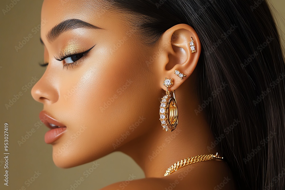 Poster piercing in a classic, elegant design, illustrated in a scene where piercings are adorned with timel