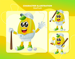 Cute starfruit characters playing baseball