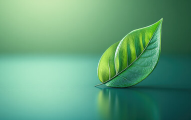 Close-up of a single green leaf on a reflective surface with a blurred green gradient background, showcasing nature's beauty and minimalistic elegance.