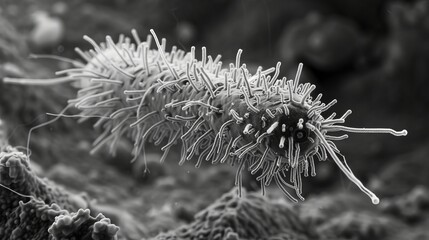 Electron microscope image of a single bacterium with detailed view of its surface and appendages