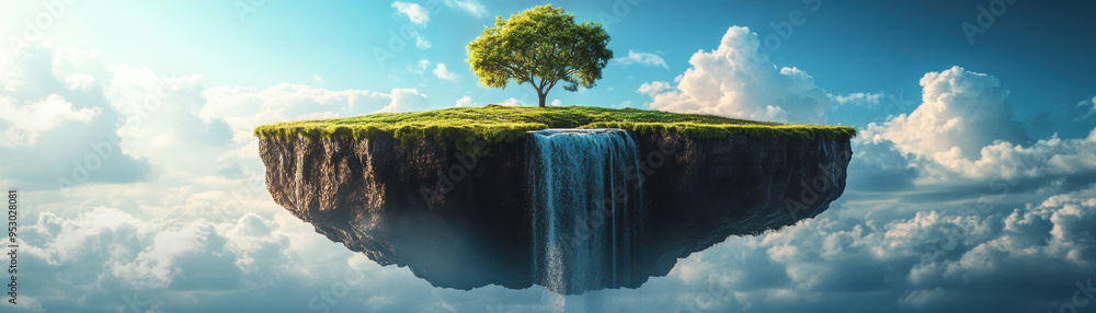 Poster a surreal image of a floating island with a lone tree and cascading waterfall suspended in the sky, 