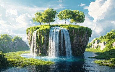 Obraz premium A breathtaking waterfall cascades from a lush island floating in a tranquil river, surrounded by vibrant greenery under a clear blue sky.