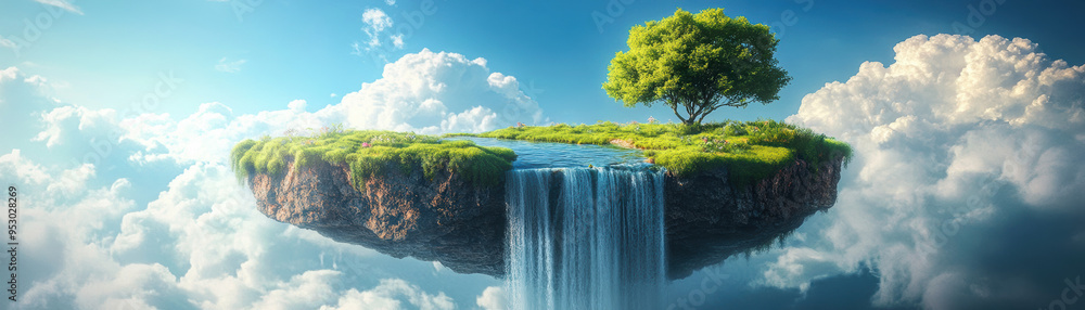 Poster magical floating island with a tree, waterfall cascading into clouds, serene and enchanting landscap