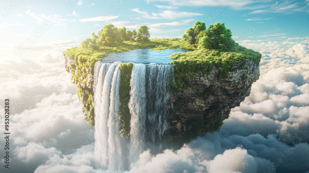 Poster a stunning floating island with a waterfall cascading into the clouds, surrounded by lush greenery a