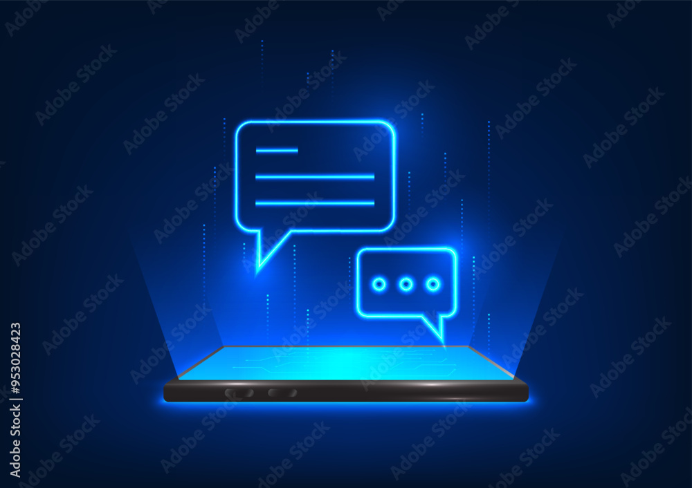 Poster smartphone technology, mobile phones projected chat messages, showing communication via the internet