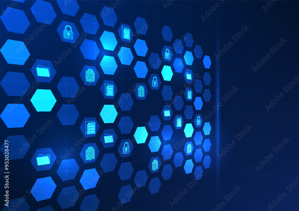 Poster security technology background, hexagon geometric shapes, inside there is a lock, electronic documen