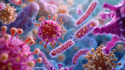 Naklejka premium Cross-sectional view of bacteria interacting with human immune cells, demonstrating infection response