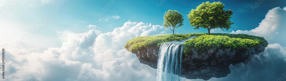 Poster surreal floating island with two trees and cascading waterfall against a vibrant sky filled with clo