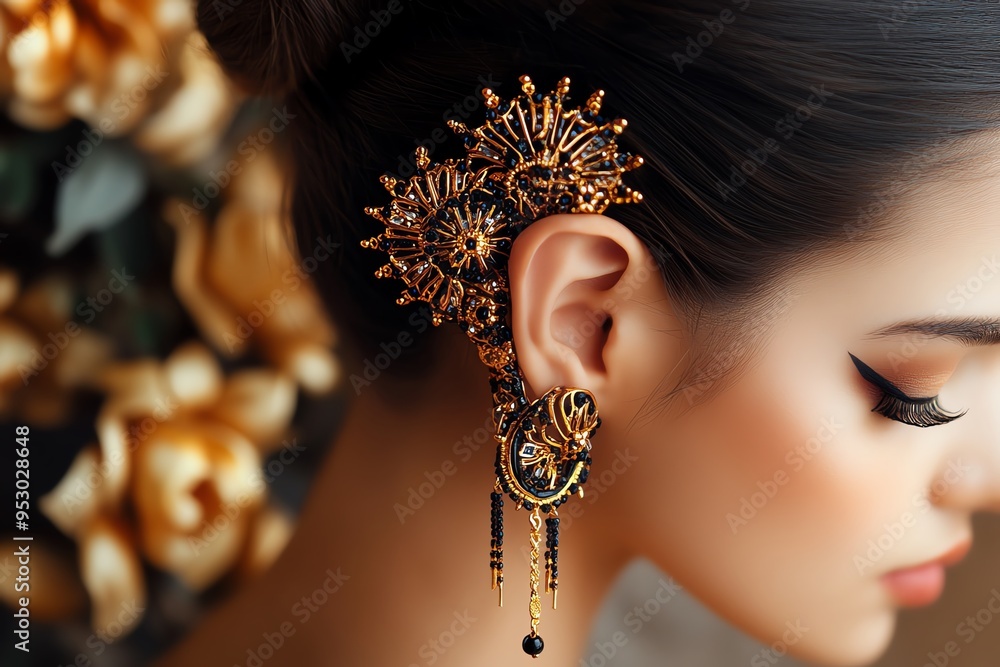 Poster Piercing with multiple ear cuffs and studs, depicted in an artwork where the ear is decorated with a variety of cuffs and studs, creating a layered and intricate design
