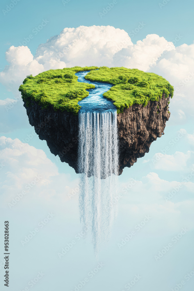 Poster a fantasy floating island with a river and waterfall, set against a cloudy sky. this surreal image e