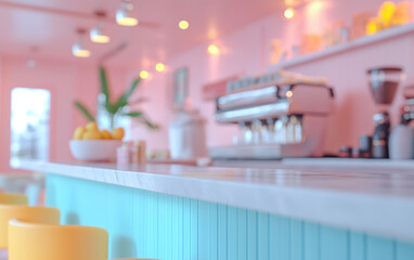 Modern pastel cafe interior with colorful decor, elegant counter, and cozy seating arrangement, creating a cheerful and inviting atmosphere.