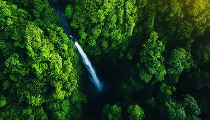 Aerial view of a stunning waterfall surrounded by lush, green rainforest, highlighting the beauty and serenity of nature.