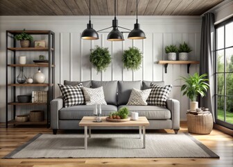 black and white farmhouse decor with gray couch