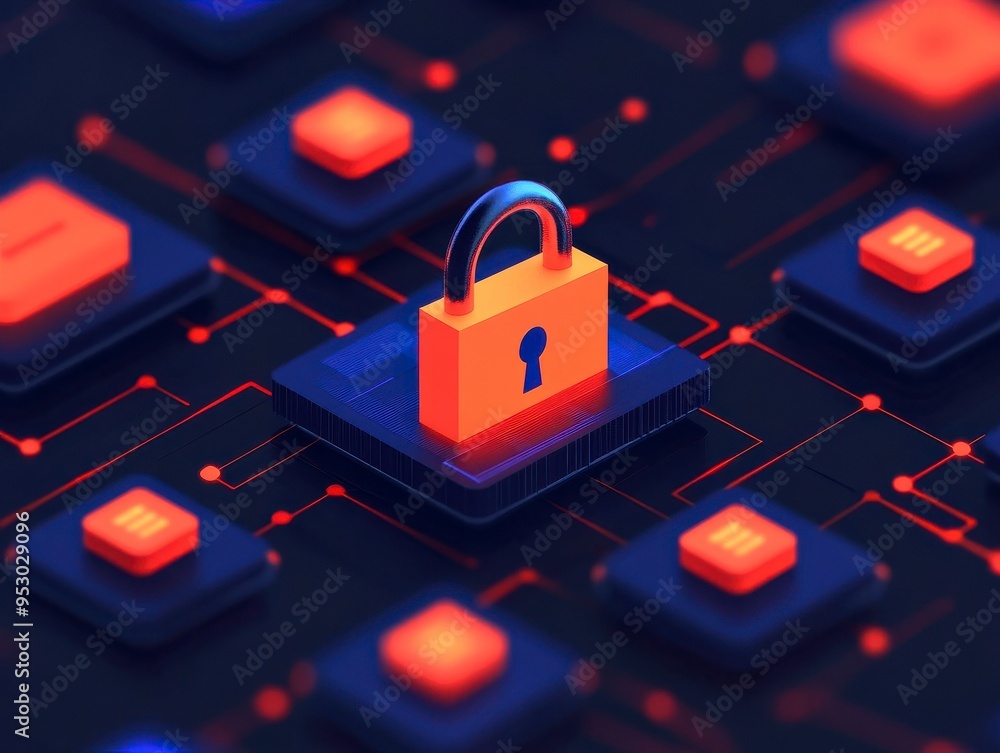 Aufkleber conceptual digital illustration of cybersecurity featuring a lock surrounded by network connections,