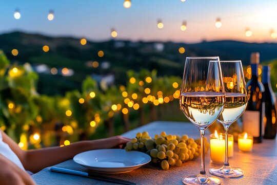 Romantic couple getaway with a candlelit dinner in a vineyard, illustrated in a scene where a couple enjoys a private dinner surrounded by grapevines, with the table set with fine china, candles,