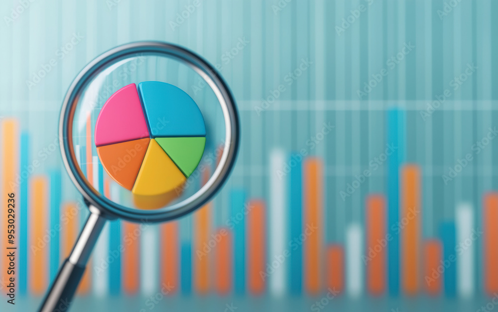 Poster magnifying glass focusing on a colorful pie chart with blurred bar graphs in the background, represe