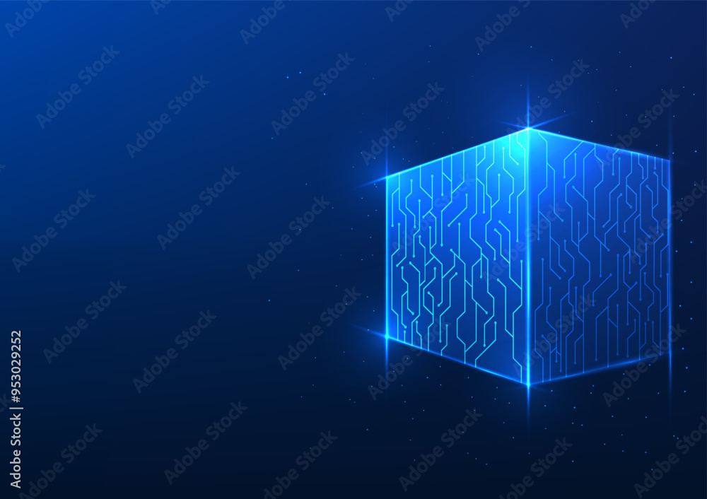 Aufkleber cube background technology with technology circuits surrounding a square box showing the processing 