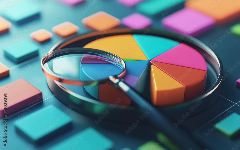 Poster close-up of a colorful pie chart and magnifying glass on a digital screen, representing data analysi