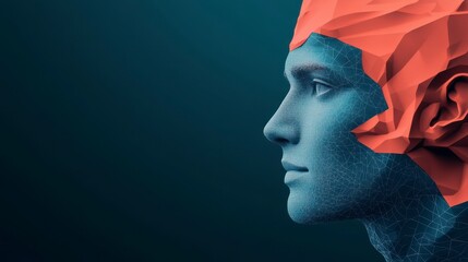 Futuristic digital art depicting a human profile with a geometric head design, showcasing creativity and innovation.