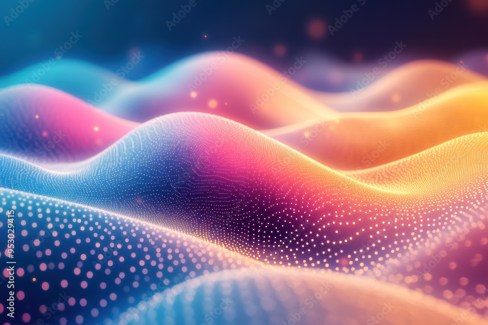 Poster vibrant abstract digital waveforms in with colorful gradients and glowing dots, creating a dynamic a