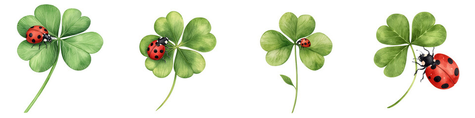 Obraz premium A vibrant collection of clover leaves with ladybugs, perfect for nature themes and illustrations. isolated on a transparent background