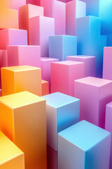 Obraz premium Vibrant multicolored geometric abstract background featuring numerous colorful cuboids creating a visually striking and dynamic pattern.