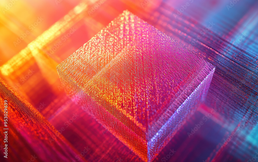 Poster vibrant geometric abstract artwork, featuring a glowing glass cube surrounded by a network of multic