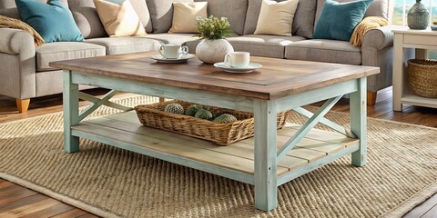Cape Cod farmhouse style furniture rustic wooden coffee table vintage distressed finish comfortable living room design