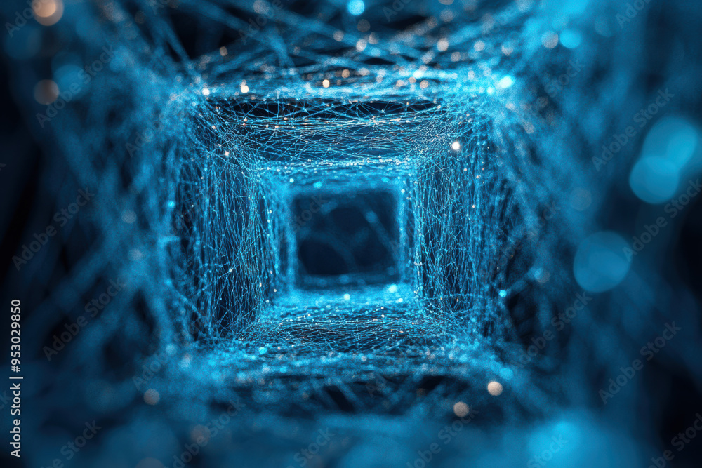 Poster abstract blue network of connected lines and dots forming a tunnel-like structure, representing digi