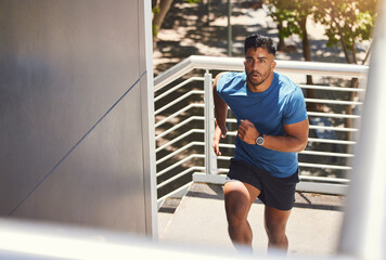 Steps, runner and outdoor for fitness, man and serious for health with routine in morning and...